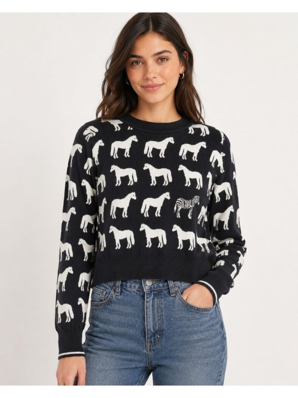 La Ligne NY Zebra Among Horses Black Sweater M Cropped Rare Equestrian Novelty